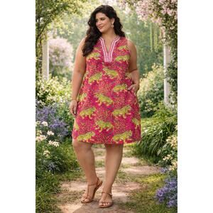 PrintFresh Bagheera Tunic Dress Pink Leopard Sleeveless V Neck Cotton Linen Fun